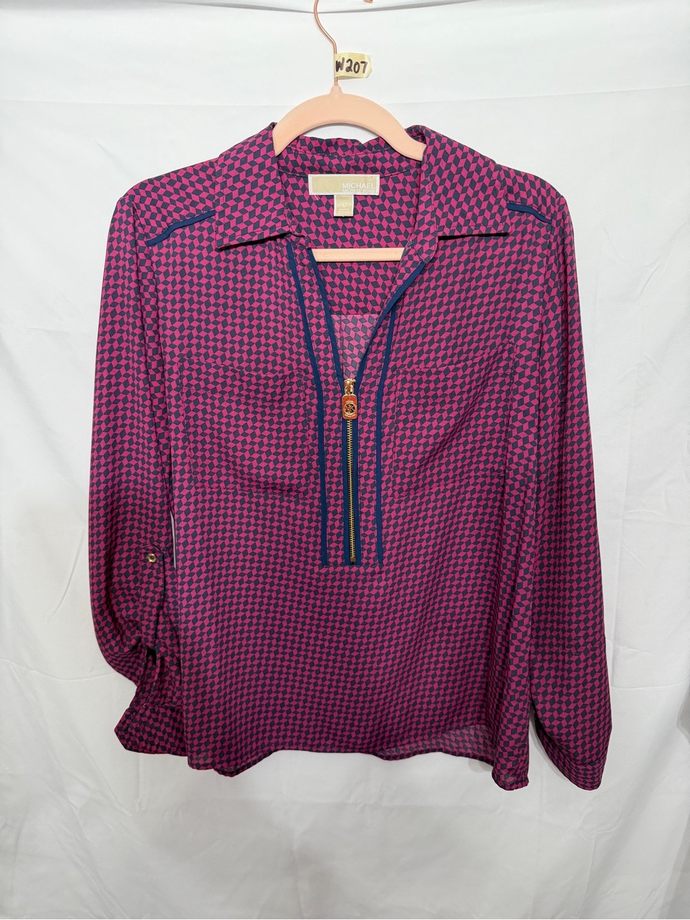 Women’s Michael Kors Pink Navy Geometric Zip Blouse Medium Roll Tab